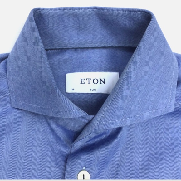 ETON  Slim herringbone  blue  colour , cotton  shirt Sz 15 /38 made in Europe - Picture 10 of 11